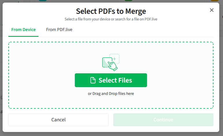 Image showing the pdf live editor and the prompt to select files to merge. 