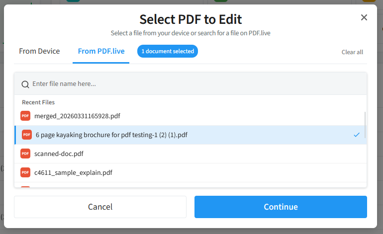 Screen displaying options to select and edit a PDF.