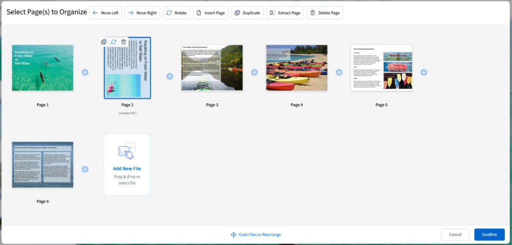 Image shows six pages of a pdf in thumbnail views in horizontal orientation except for page 2 which has been rotated to vertical.