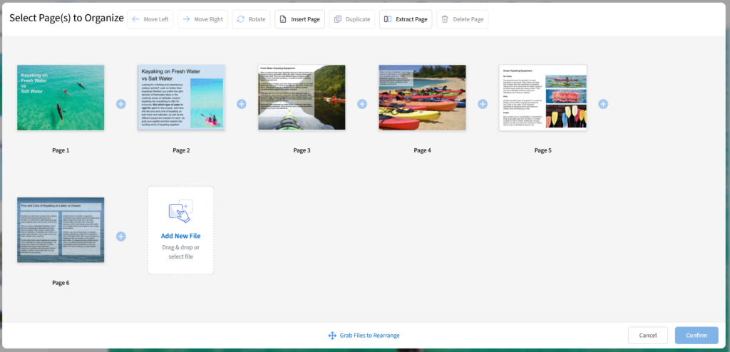 Image shoes six pages of a pdf in horizontal layout. The prompt reads select pages to organize.