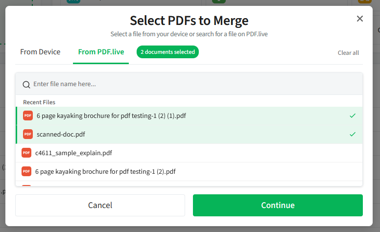Image showing the pdf live studio merge dashboard with two files selected.