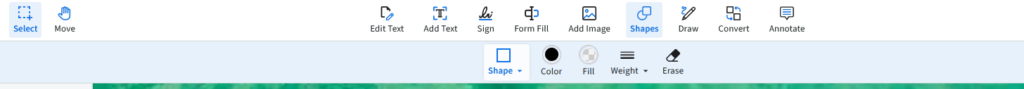The shapes button is selected on the pdf live studio editor menu.