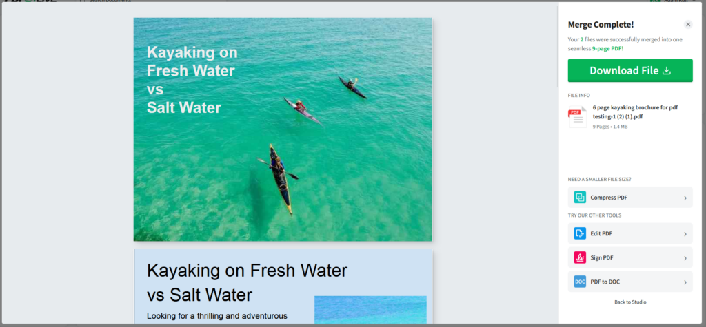 Image showing the pdf live editing tool and the merge is complete with a prompt to download the merged file.