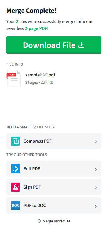 Merged PDF file is ready to download. Click the download button.