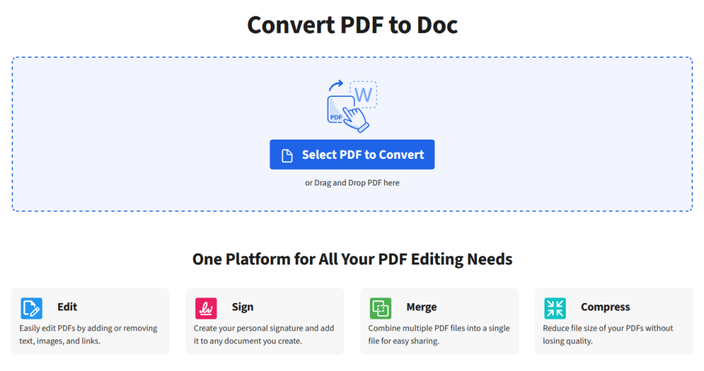 The interface for uploading a PDF for conversion to a Doc file. 