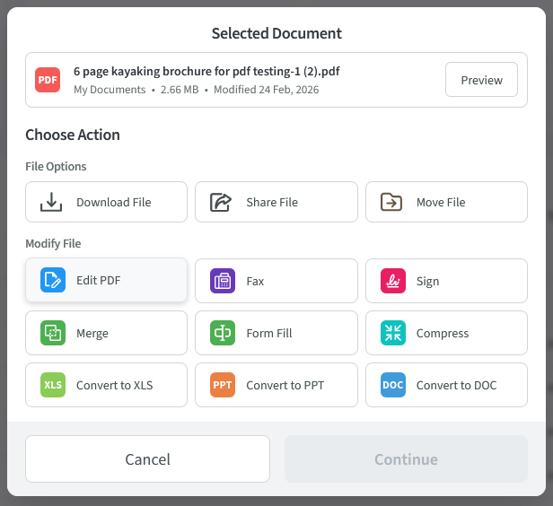 A PDF called 6 page kayaking brochure has been uploaded to the PDF Live editor for editing PDF text. 