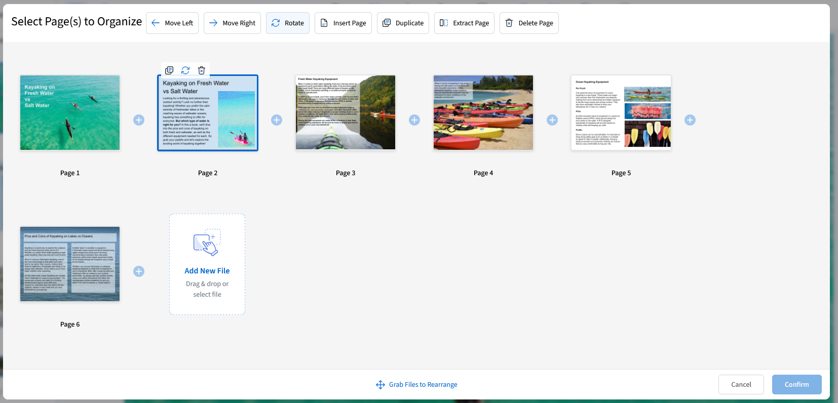 The workspace of PDF Live shows a six page pdf with the second one selected and the rotate button visible.