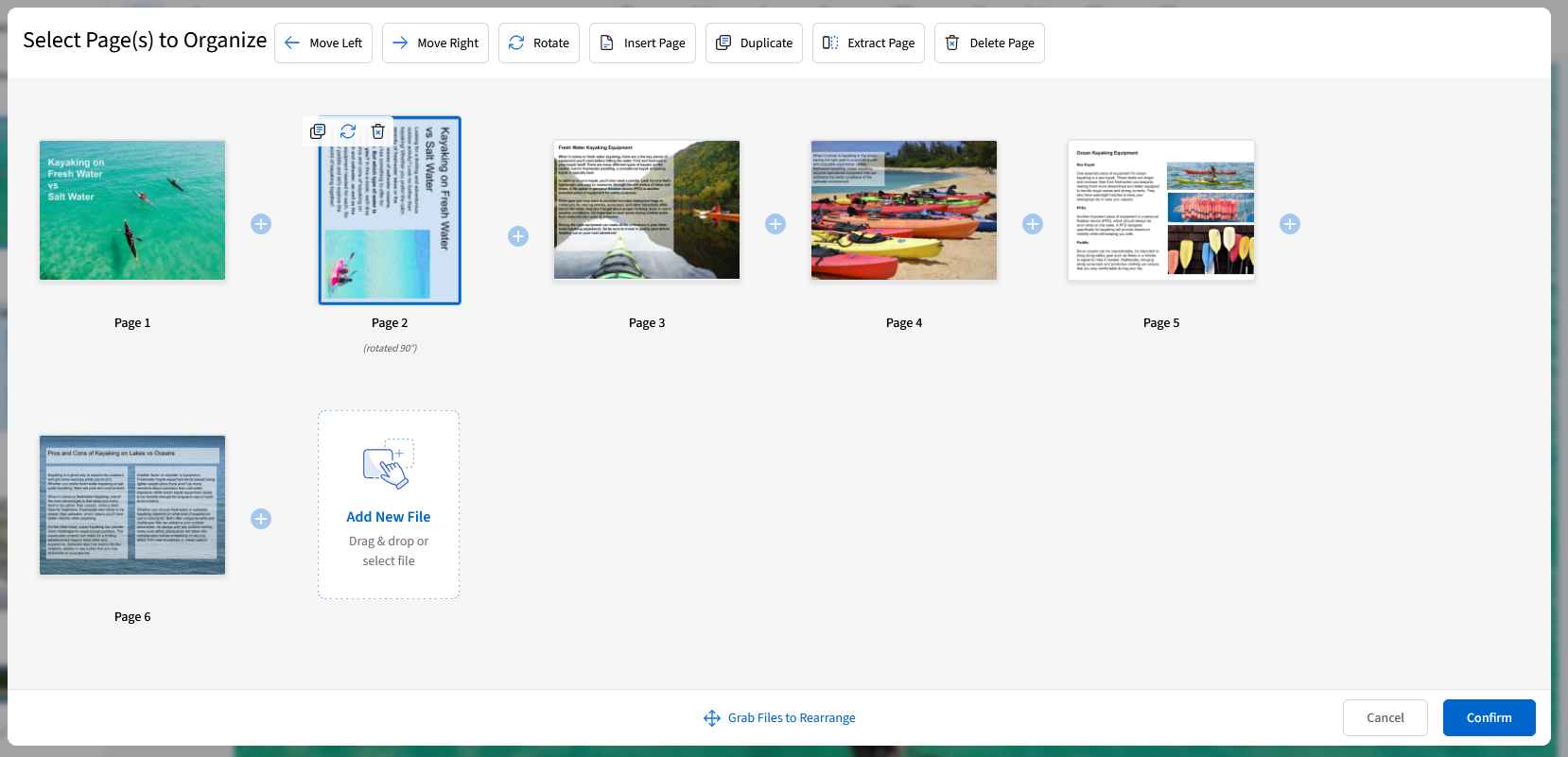 The second page has been rotated to portrait setting while the other five remain landscape.