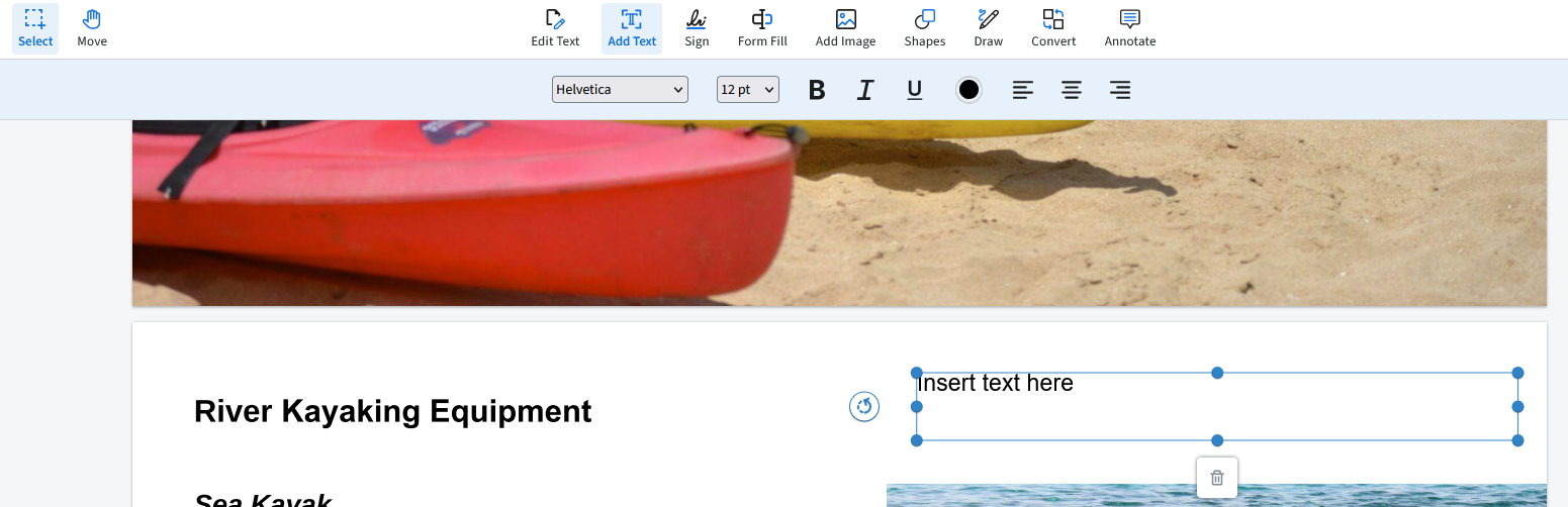 A text box has been inserted above the images of river kayaks in pdf live's text editor.