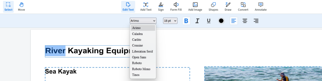 The font drop-down is selected showing an alphabetical list of available fonts. 