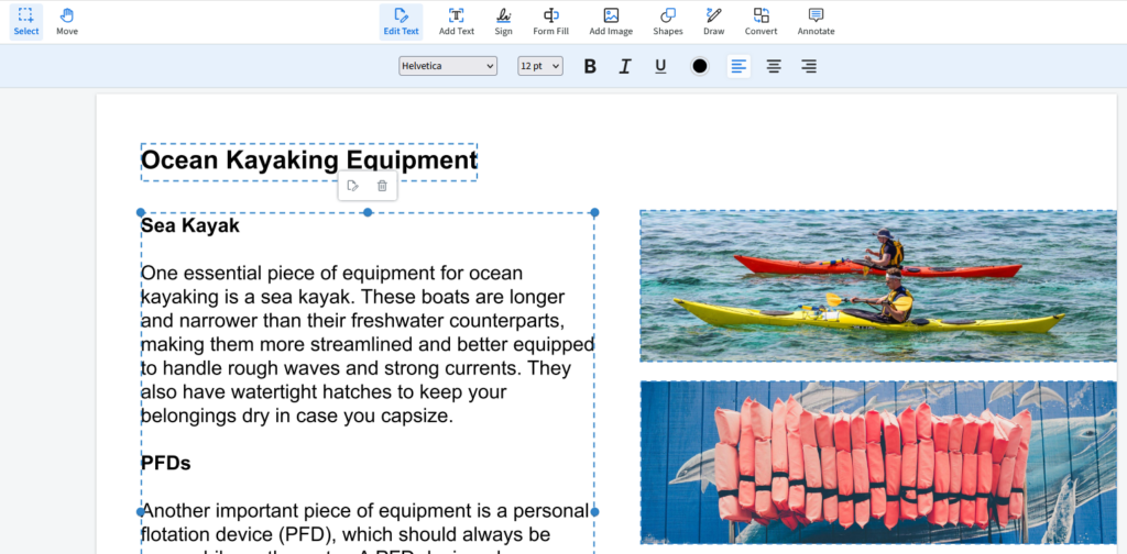 A pdf called Ocean Kayaking Equipment is visible and the text boxes are selected with dotted lines.