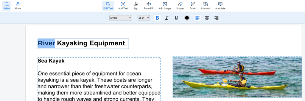 The word River is highlighted in the heading text box. 