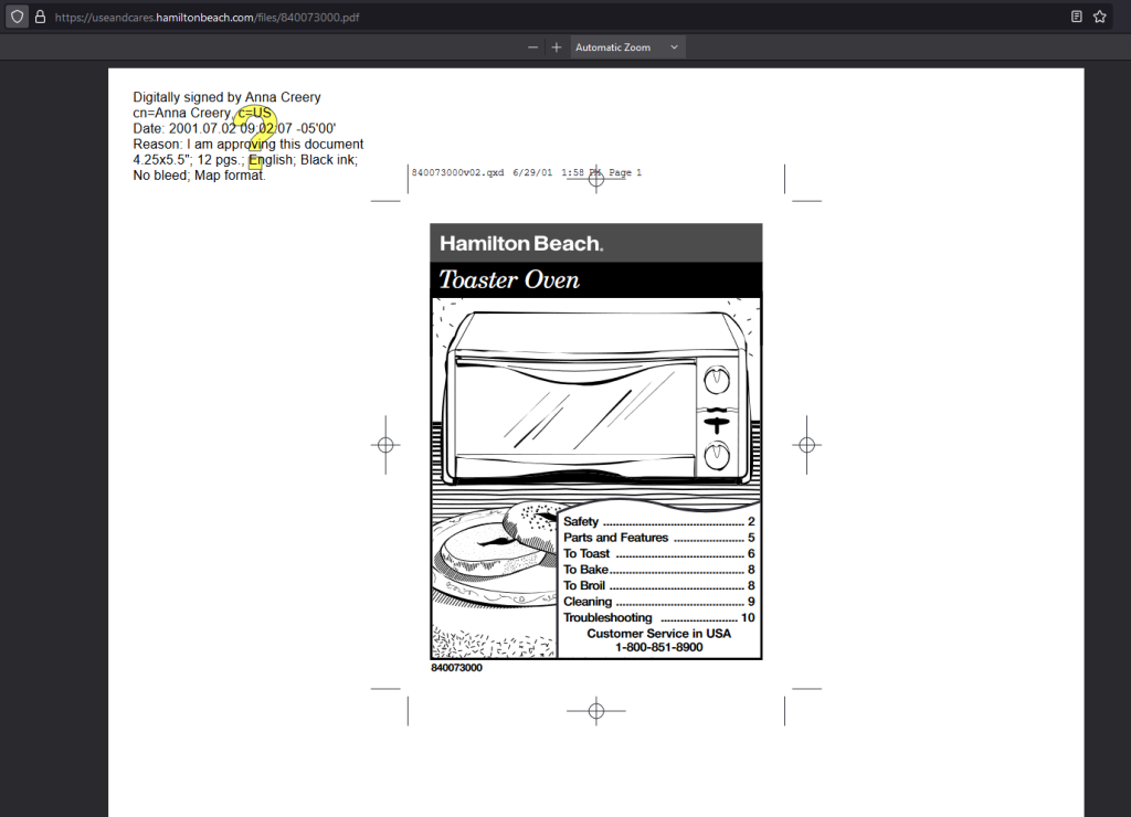 In this example, open a PDF user manual for a toaster oven in a browser window.