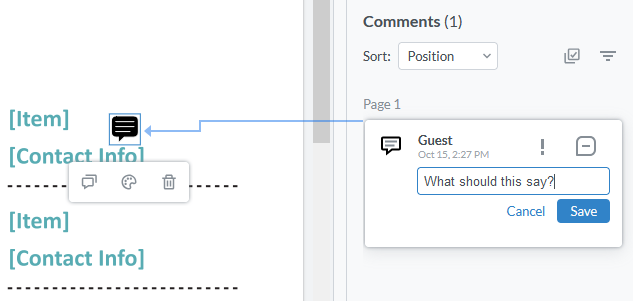 Adding a comment opens the comment dialog box. Here, the Guest asked, "What should this say?"