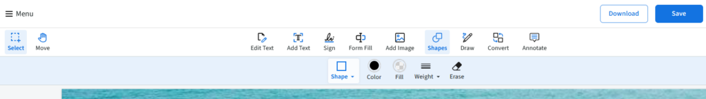 PDF Live's menu shows the shapes option and the square selected in the shape box.