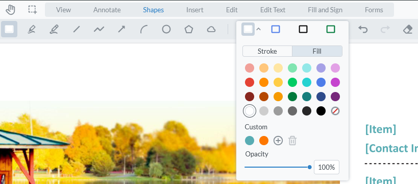 The edit shape tool shows the options for changing the color and stroke size for a shape. To white out, select a white stroke and white fill.