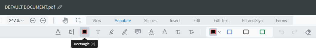 From the PDF live editing toolbar, select Rectangle. By default, it may appear as a clear box, filled-in box, or whatever you last used. 