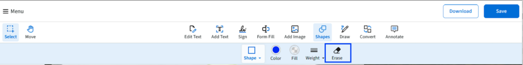 The eraser tool is selected from the Shapes option on PDF Live's editor.