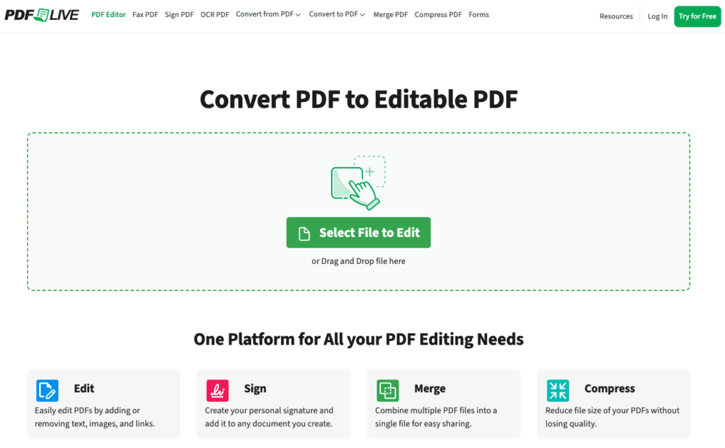 TO white out a PDF, upload your pdf to pdf live's workspace. Here it reads convert pdf to editable pdf, select file to edit.