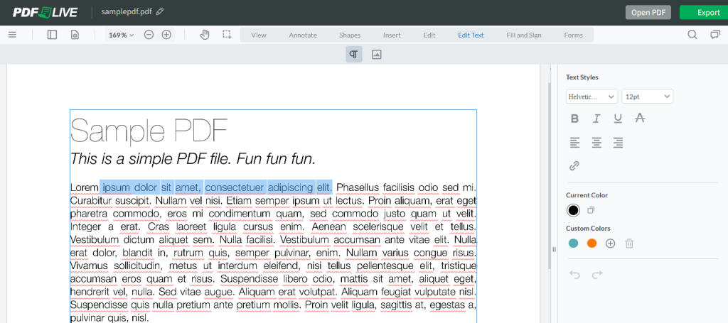 A sample PDF with highlighted lorem ipsum placeholder text shows how to copy text by highlighting it. Here the text is highlighted in blue.