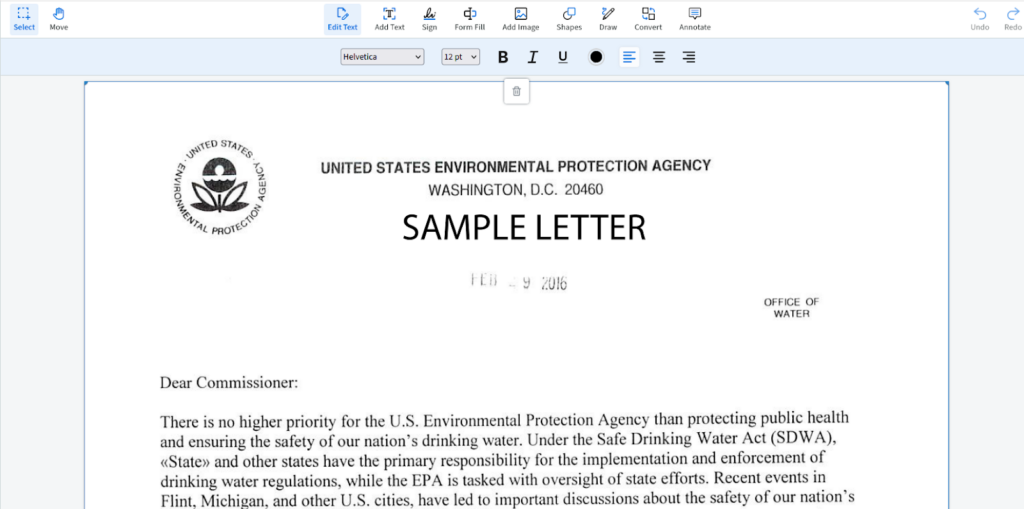 A governmental PDF that is locked to prevent editing. It's an example from the US EPA.