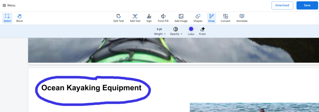 A hand-drawn thick blue line roughly circles the title Ocean Kayaking Equipment. 