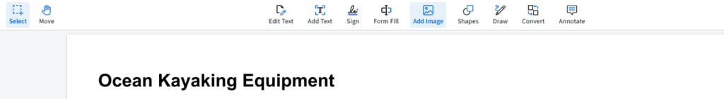 The add image icon is selected to insert a photo in the ocean kayaking pdf.