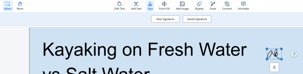 A small signature box shows someone's initials have been added to the kayaking brochure.