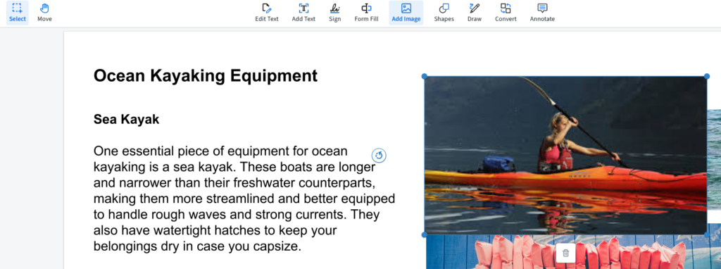 A photo of a woman kayaking on a river in a red kayak is inserted