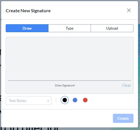 The create new signature box is visible showing draw, type and upload as options as well as formatting options. 