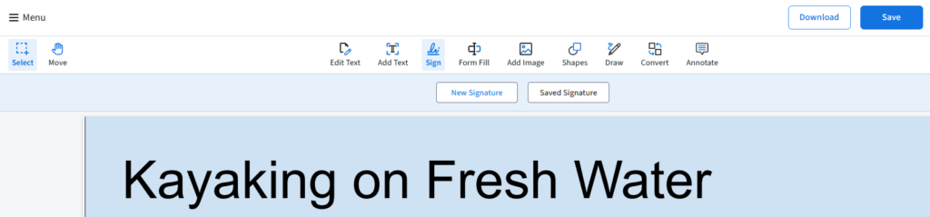PDF Live's editing menu is selected with the Sign button selected and either new signature or saved signature as options. 