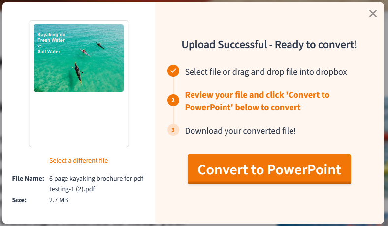 An orange dialog box shows that the upload was successful and the button reads convert to powerpoint. 