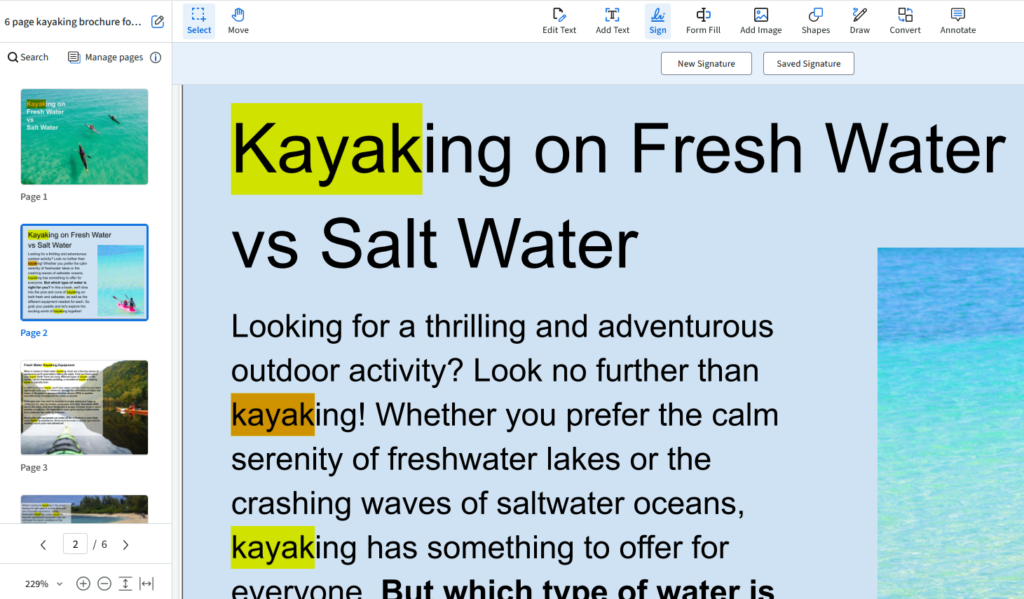 A closeup of the pdf shows the words kayaking on fresh water vs salt water in the headline.