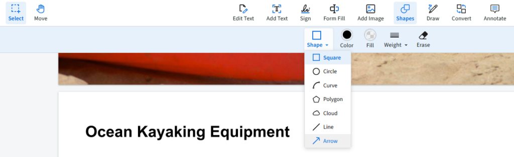 From pdf live's menu select shapes, then shape and then arrow to draw an arrow. 