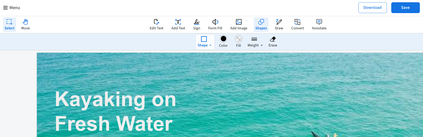 The Shapes>> Shape icon is selected on a pdf for pdf live example.