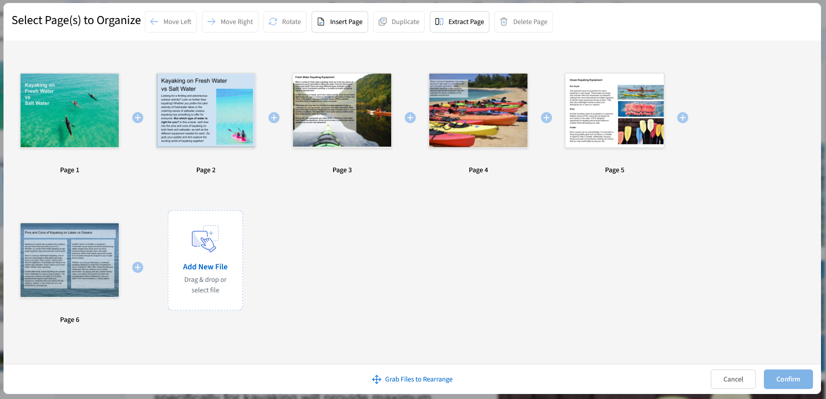 Six pages of an example pdf are shown in the pdf live workspace. The sixth page is selected.