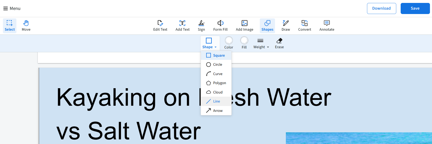 For drawing Straight Lines, navigate to the Shapes tab on the toolbar and select the Line tool. 