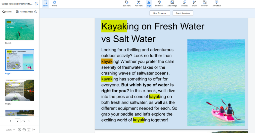 The word kayak is highlighted in yellow in four places and once in orange. The thumbnail of all the pages in the PDF are to the left.