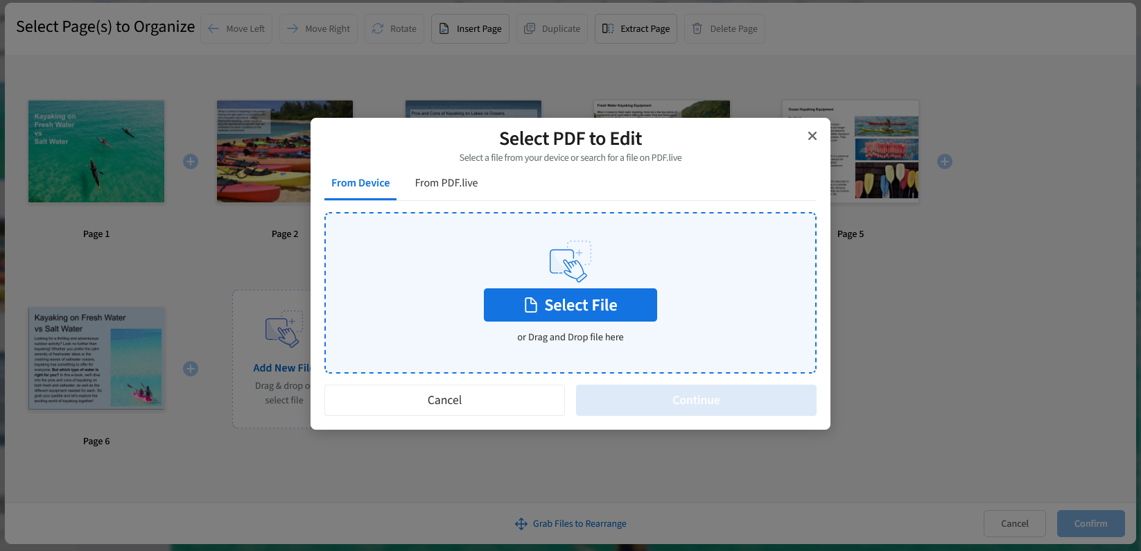 A dialog box is on top of the pdf live workspace showing the command to select a pdf to edit. 