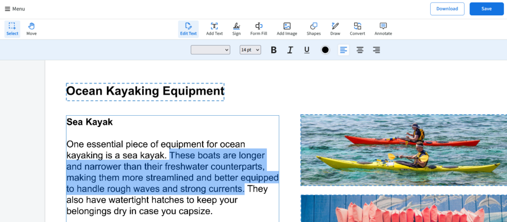 An example pdf shows how to select text to copy it. 