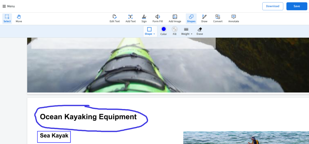 A hand-drawn blue line roughly circles the title Ocean Kayaking Equipment. A blue box with straight lines outlines Sea Kayak.