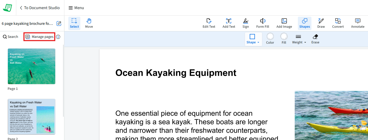 The manage pages feature is highlighted using a red box. 