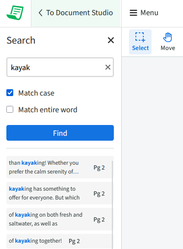 The word 'kayak' is in the search field of pdf live's find feature.