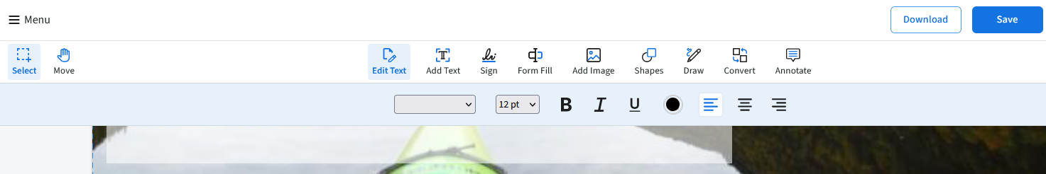 The edit text option in pdf live's editor is selected. 