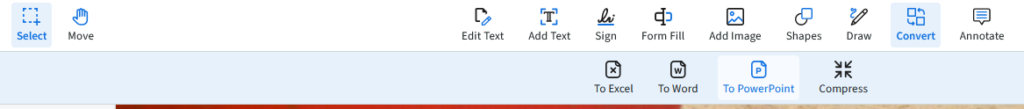 The convert button is selected in the top menu and the to powerpoint button is selected in the second. 