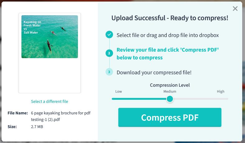 A teal dialog box shows that the upload was successful and the button says compress pdf.