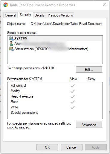 The security tab of a PC showing the list of permissions for SYSTEM.