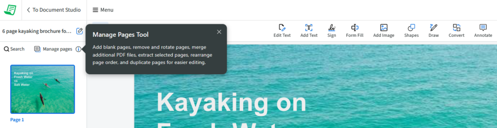 Manage Pages from a PDF in a black dialog box.
