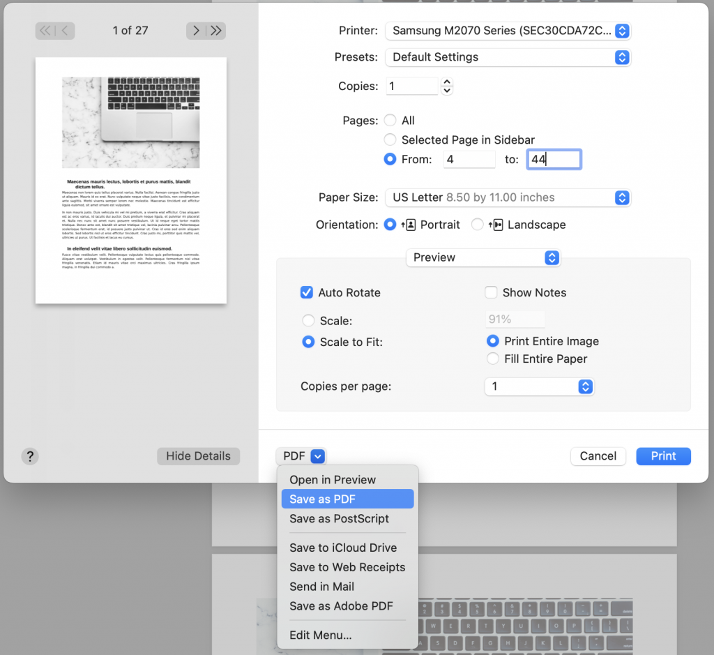 The mac save as pdf feature shows in the lower middle the save as pdf option selected.
