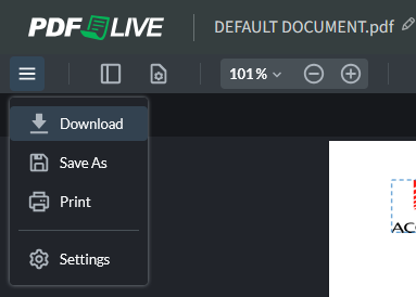 The menu for downloading, saving, and printing PDFs from the PDF.Live editor